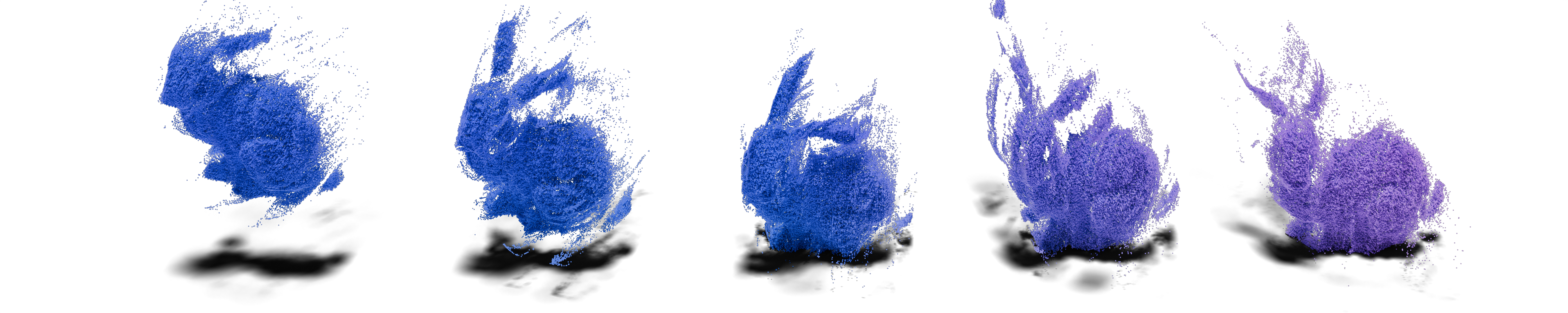 Five Frames of Dynamic Reconstruction of Bunny Falling using LookUp3D.